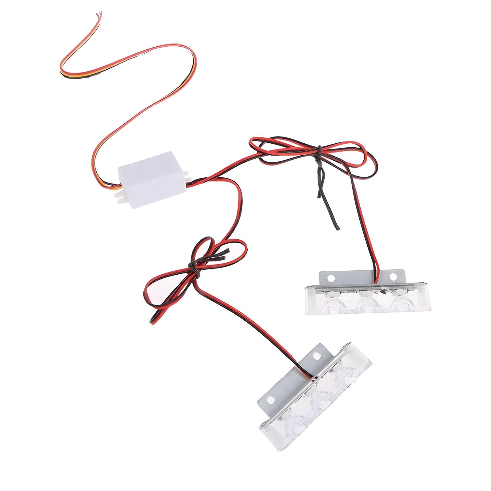 Barra estroboscópica LED para parrilla vehicular, con cableado y dos módulos de tres luces cada uno.