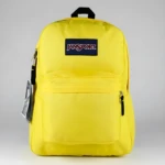 Mochila Jansport amarilla clásica con logo azul y dos compartimentos frontales.