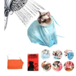 Set de 2 bolsas de aseo para gatos, azul y naranja, mostrando baño, corte de uñas y secado.