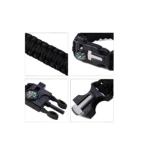 Pulsera de supervivencia paracord negra con brújula, cierre de hebilla y cortador.