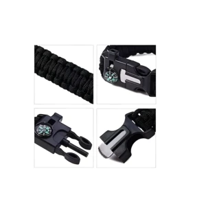 Pulsera de supervivencia paracord negra con brújula, cierre de hebilla y cortador.