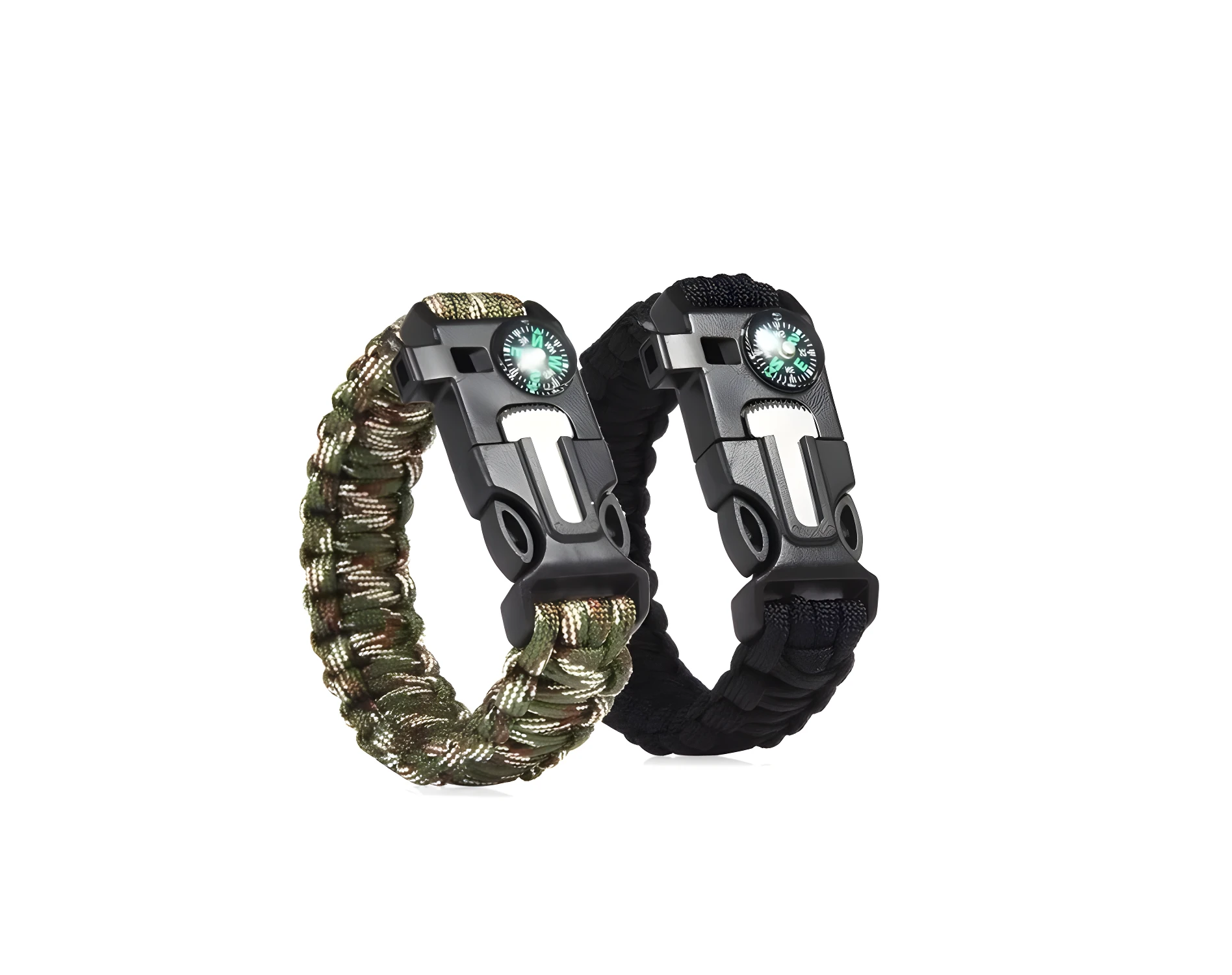 Dos pulseras de supervivencia paracord, una camuflaje verde y otra negra, con brújula integrada.