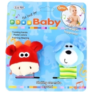 Manillas sonajero para bebé 0m+ con diseño de animalitos, una roja y una azul, para entrenamiento sensorial y motriz.
