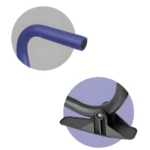 Detalles de máquina abdominales: agarre superior morado con tope negro y base negra articulada con soporte plano.