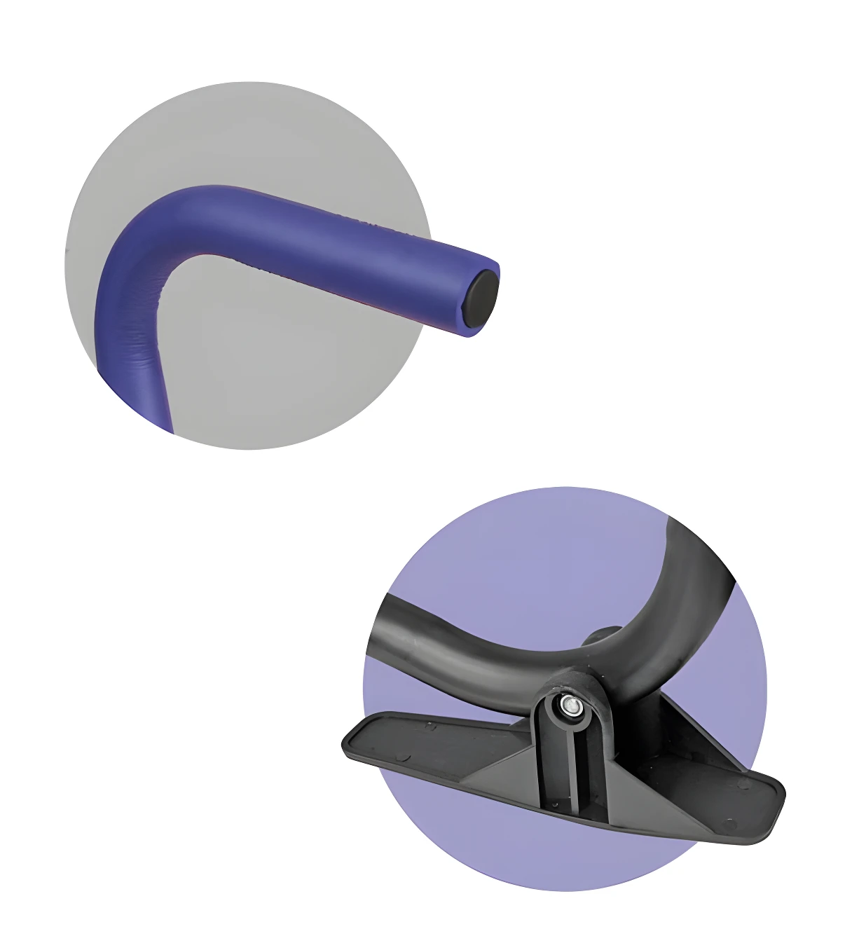 Detalles de máquina abdominales: agarre superior morado con tope negro y base negra articulada con soporte plano.