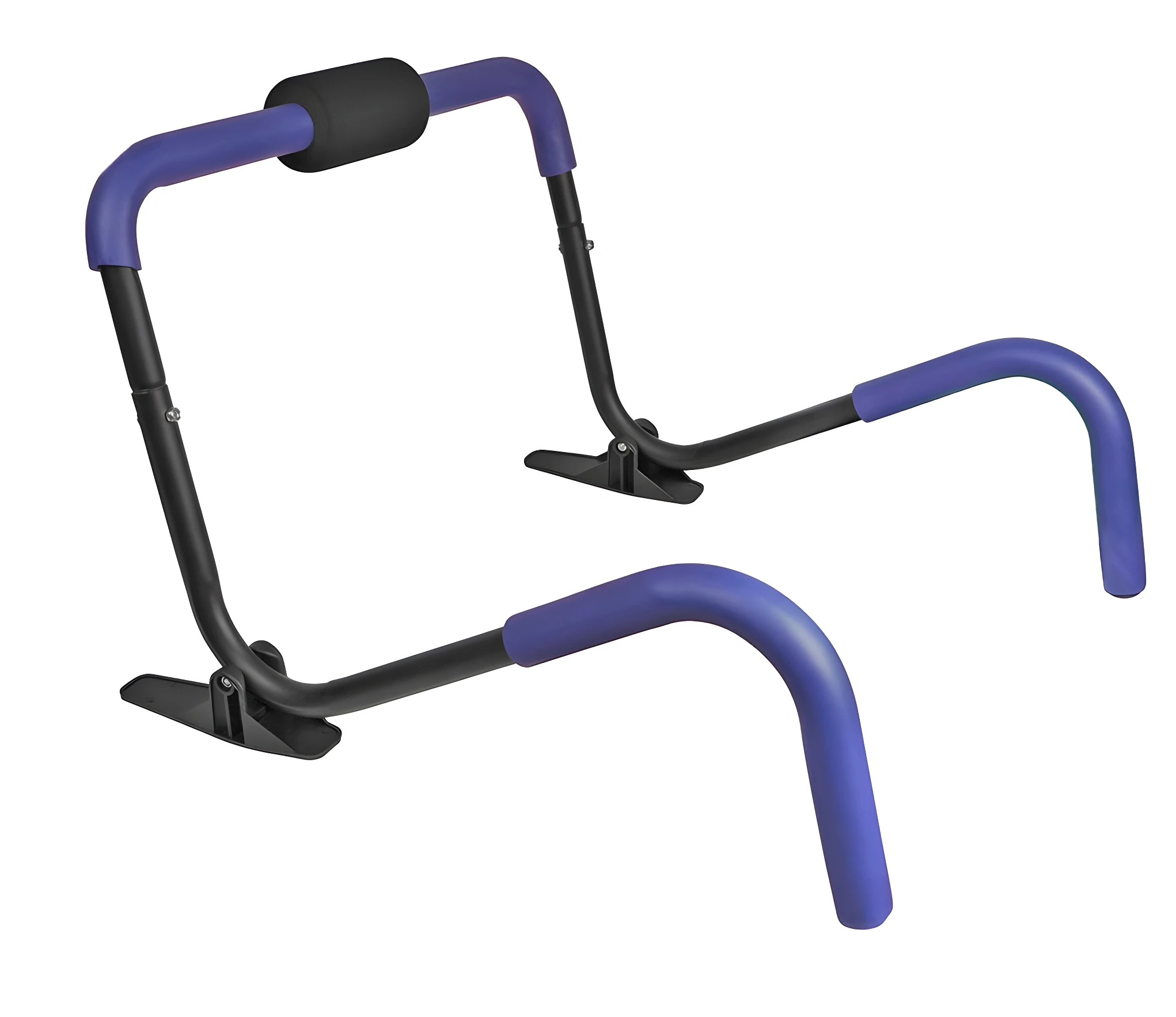 Estructura de máquina abdominal plegable, color negro y barras de agarre morado, con soporte de espuma para tobillos.