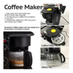 Cafetera negra Sokany 3 en 1 con detalles de uso, jarra de vidrio y recipientes para café y agua.