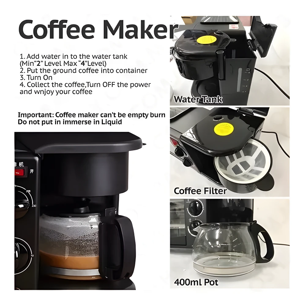 Cafetera negra Sokany 3 en 1 con detalles de uso, jarra de vidrio y recipientes para café y agua.