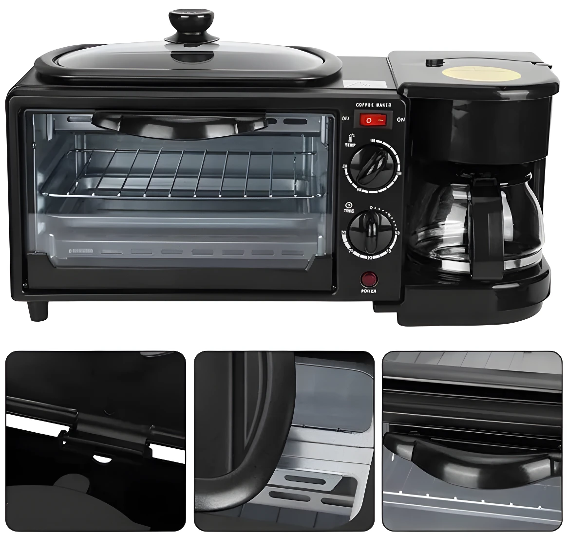 Cafetera, tostadora y plancha Sokany 3 en 1 negra para desayunos simultáneos.