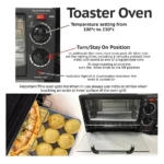 Cafetera Tostadora Sokany negra con detalles plateados, muestra controles de temperatura y temporizador, puerta abierta y accesorios.