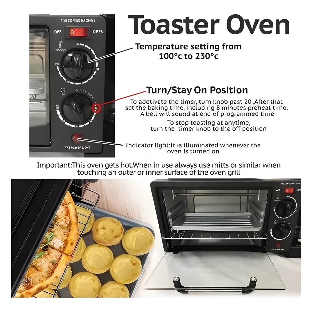 Cafetera Tostadora Sokany negra con detalles plateados, muestra controles de temperatura y temporizador, puerta abierta y accesorios.