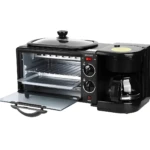 Tostadora, cafetera y plancha negra Sokany 3 en 1 para desayunos.