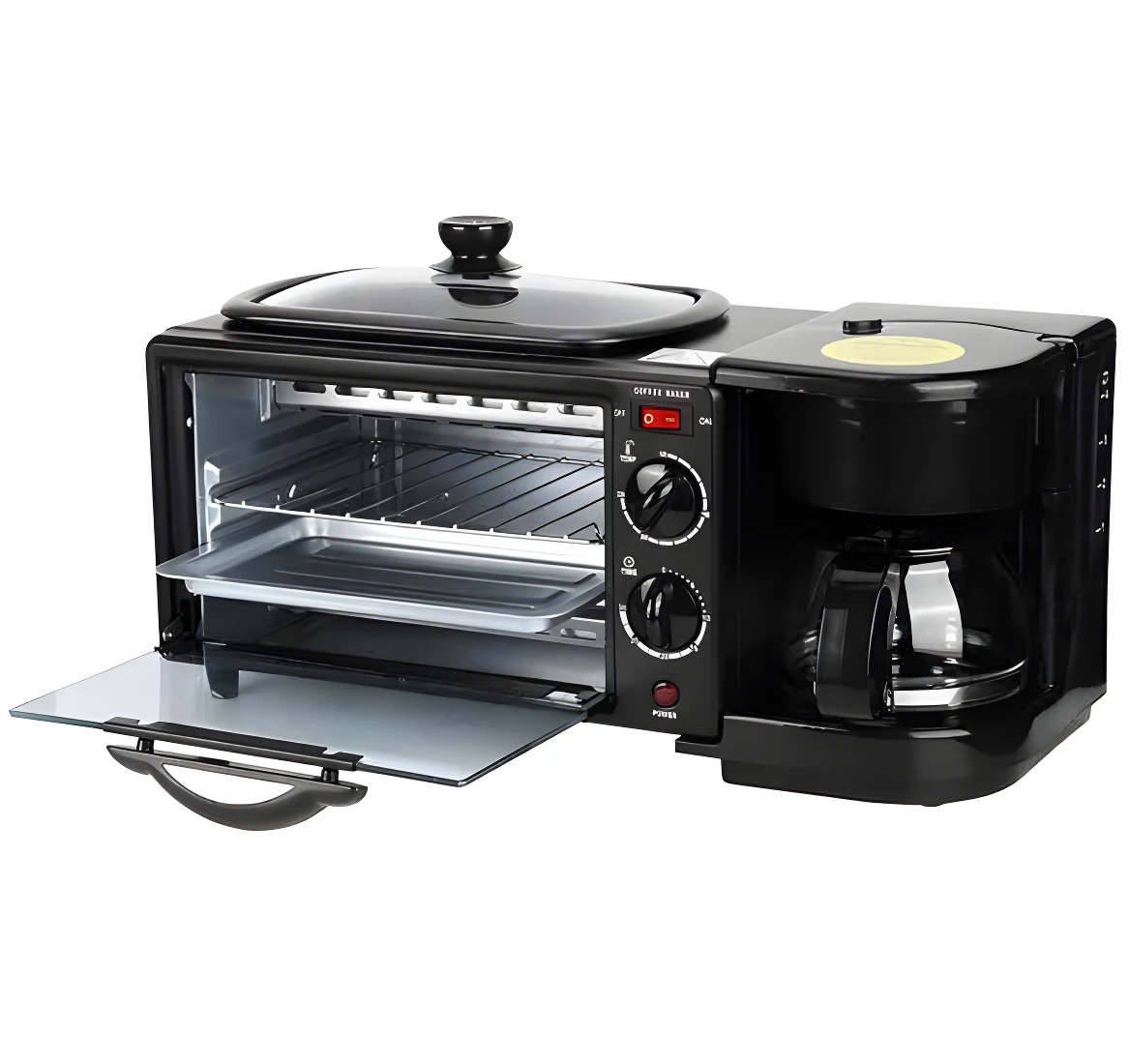 Tostadora, cafetera y plancha negra Sokany 3 en 1 para desayunos.