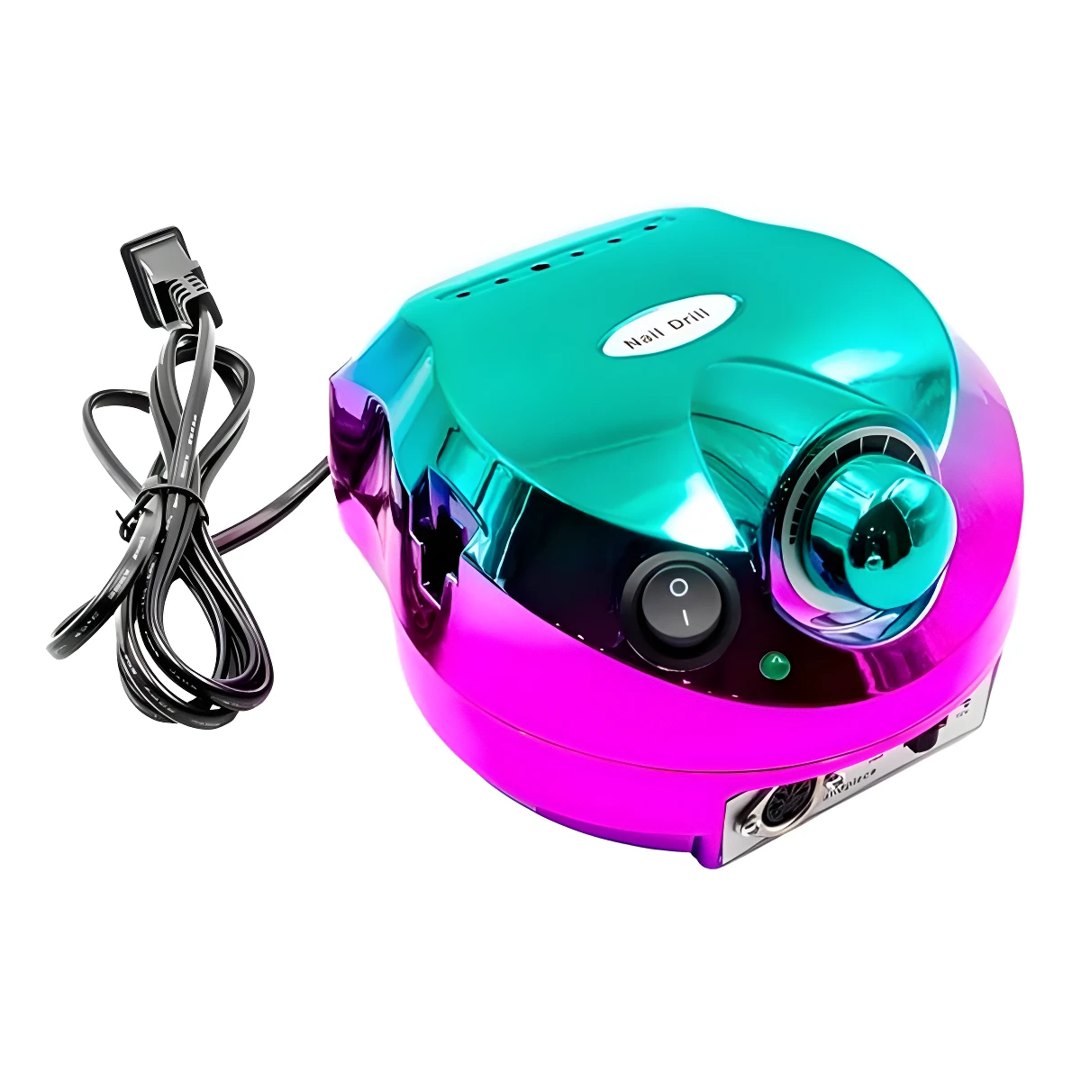 Pulidor de uñas profesional DM202, compacto y colorido en degradado verde y fucsia, con control de velocidad y switch, ideal para manicuras precisas.