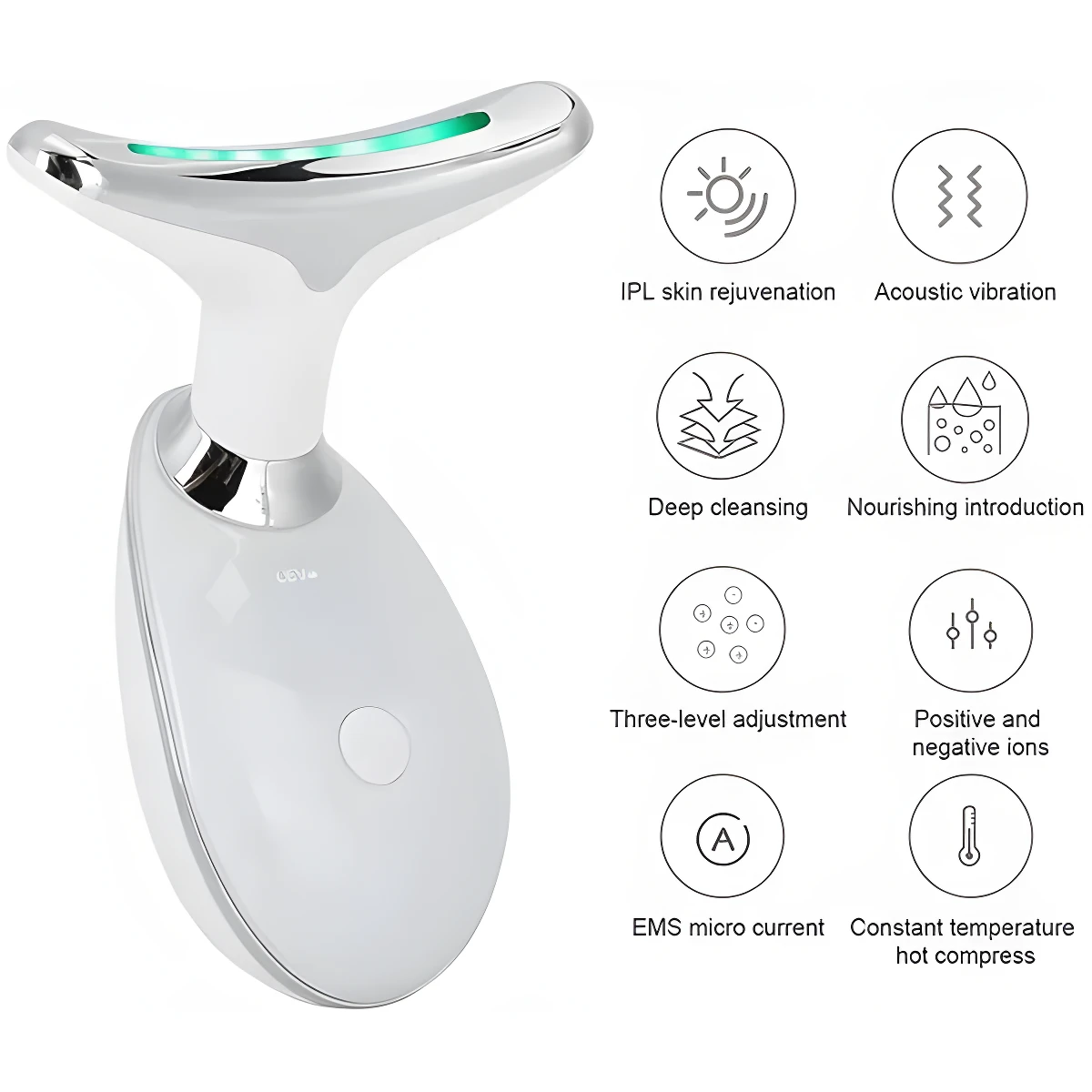 Dispositivo blando de belleza para cuello y mentón, blanco y plateado, con luz verde, mostrando 8 funciones clave como IPL, vibración y calor constante.