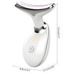 Masajeador facial blanco y plateado para cuello y barbilla con luz LED rosa, mide 12cm de alto.