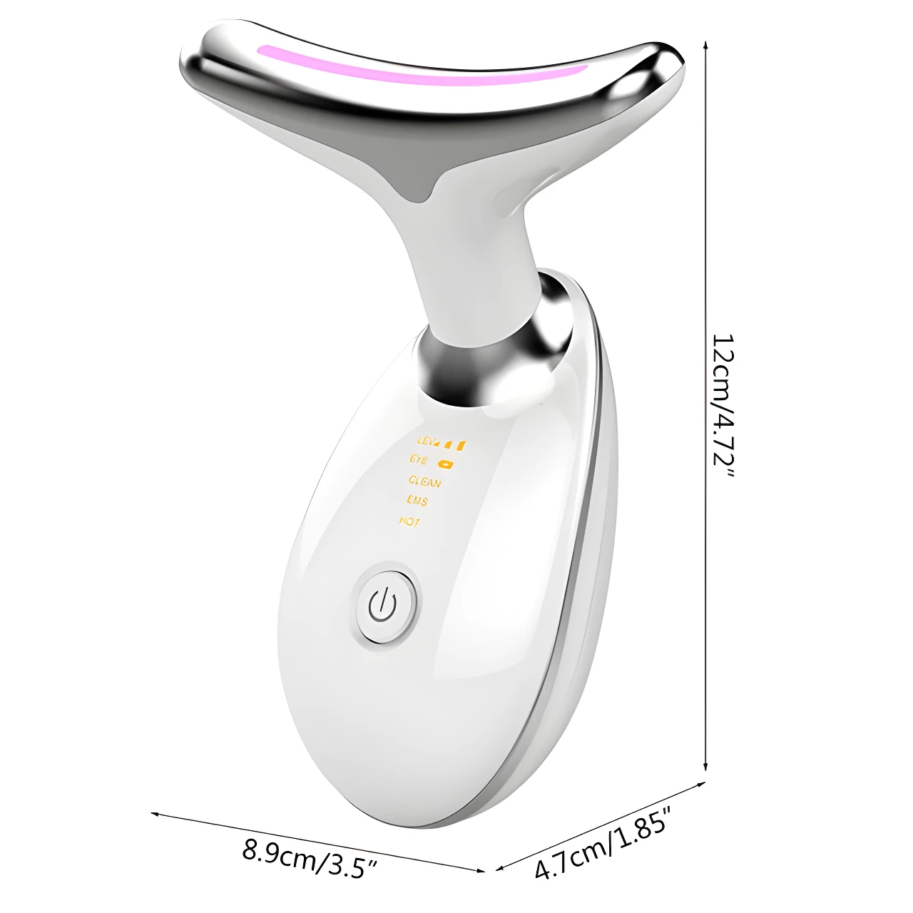 Masajeador facial blanco y plateado para cuello y barbilla con luz LED rosa, mide 12cm de alto.