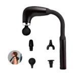 Masajeador de percusión negro, diseño ergonómico con brazo curvo para cuello y hombros, con cuatro cabezales intercambiables.