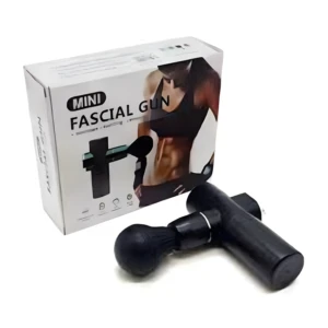 Pistola masajeadora Fascial Mini negra junto a su empaque con silueta de deportista.