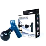 Masajeador pistola mini azul y negro junto a su empaque blanco con gráficos deportivos y accesorios.