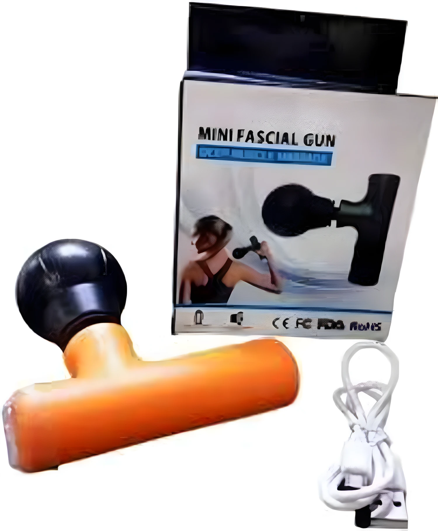 Pistola de masaje Fascial Mini color naranja y negro, fuera de caja junto a cable USB blanco y empaque con sellos CE FC.