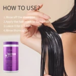 Mascarilla capilar Botox Keratin con aplicación y instrucciones de uso en cabello mojado.