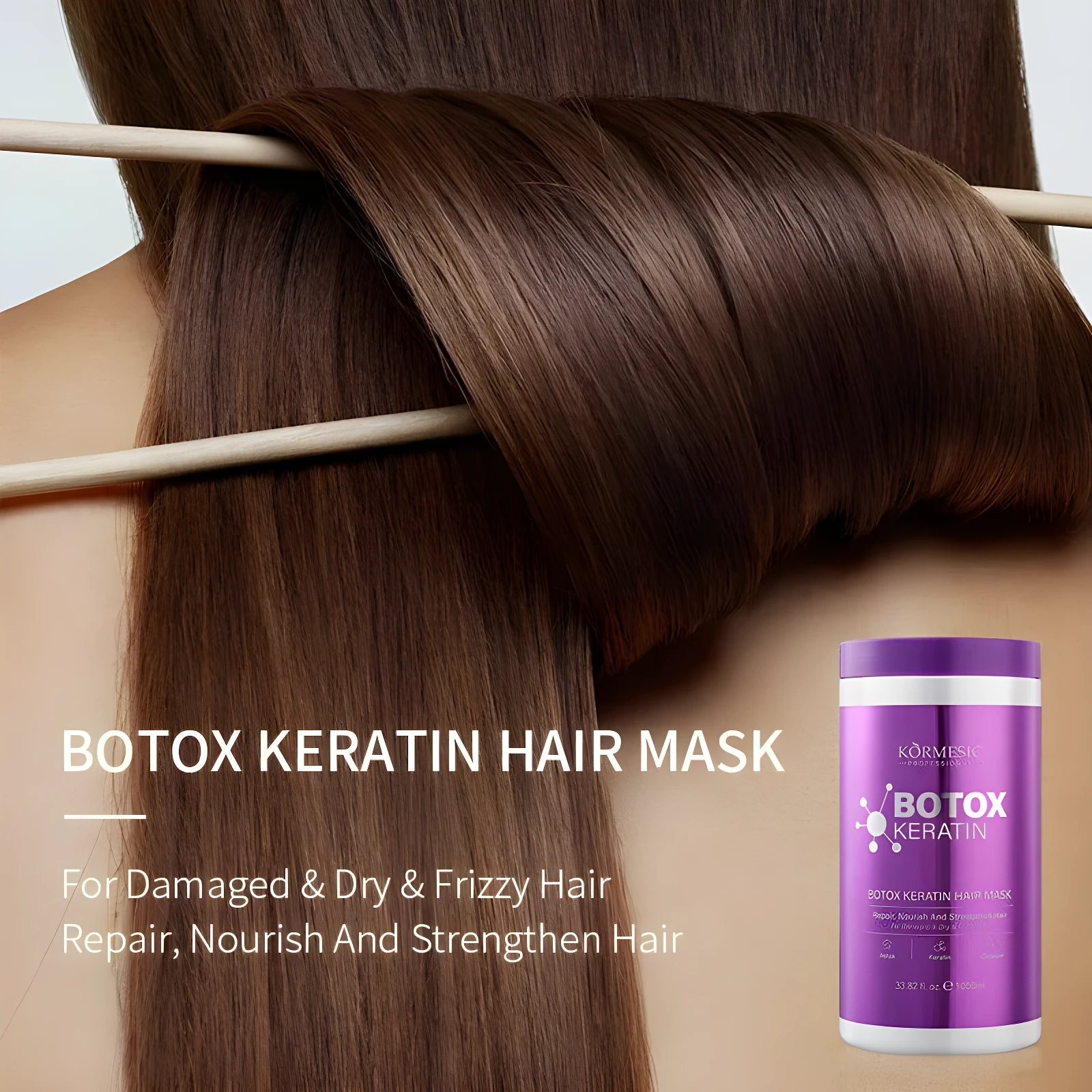 Mascarilla capilar Botox Keratin en envase morado, ideal para cabello dañado, seco y con frizz.