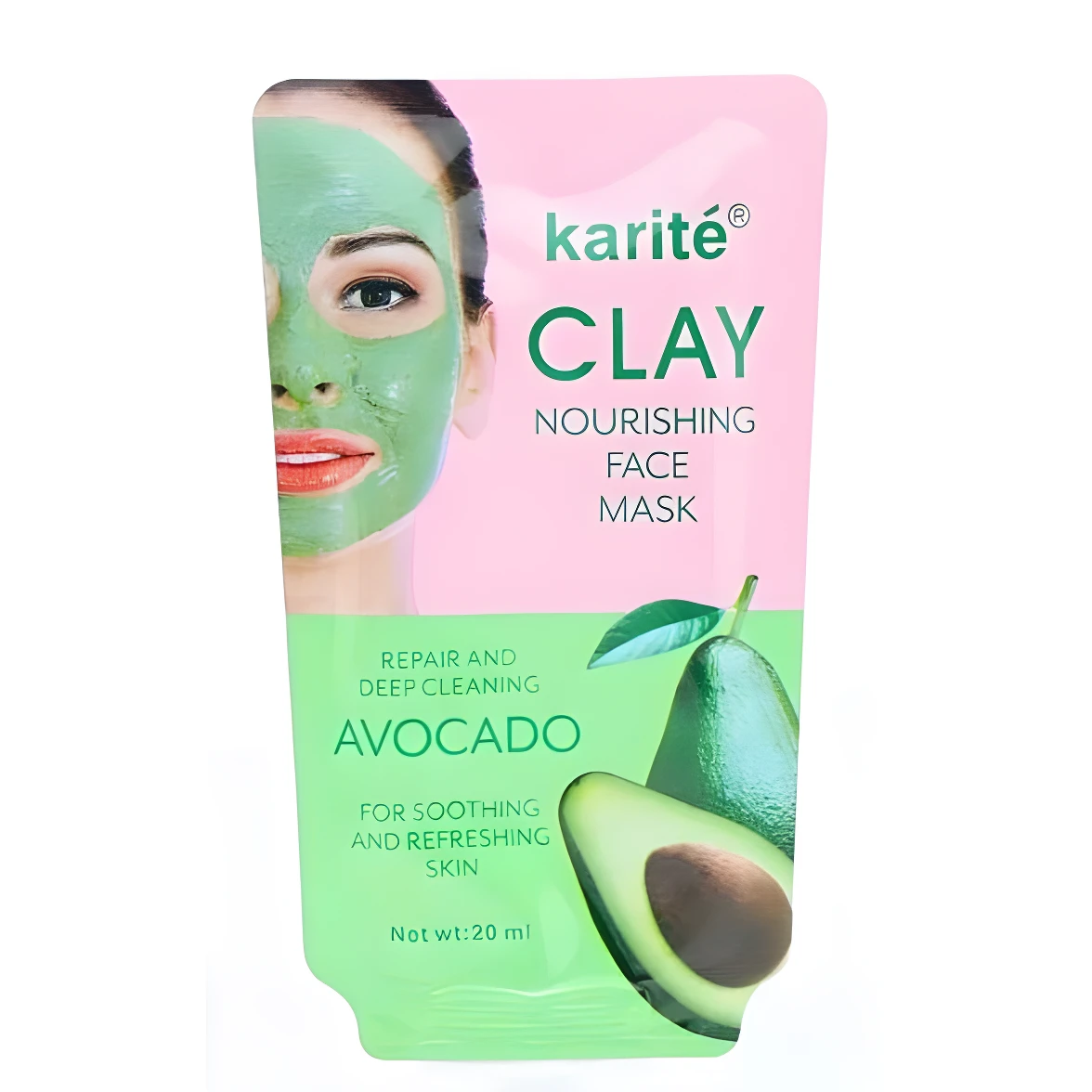 Mascarilla facial Karité de arcilla nutritiva de aguacate, verde, para limpiar y refrescar la piel. Contenido 20 ml.