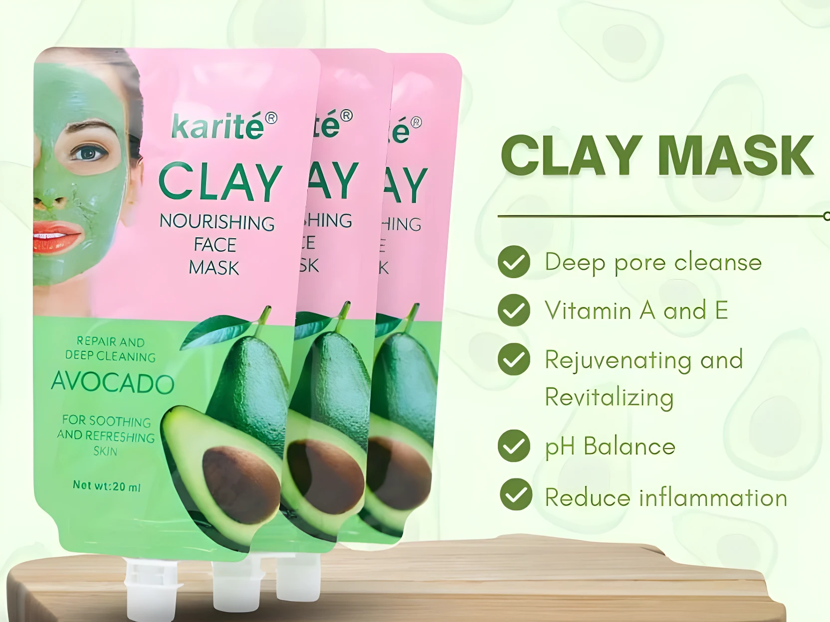 Tres empaques de Mascarilla Facial de Arcilla Karité Aguacate, verde, limpiador de poros, 20 ml.