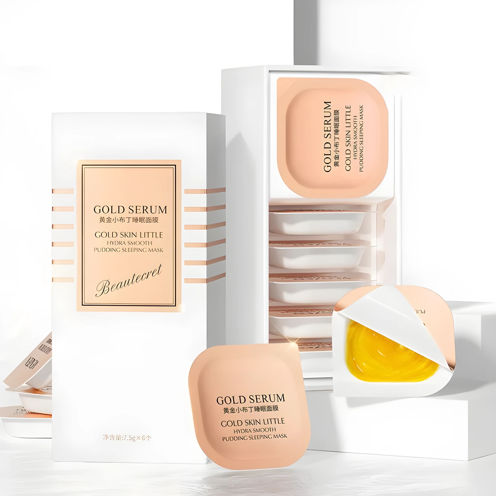 Set de mascarillas nocturnas Gold Serum en empaque y envase individual, textura tipo pudín dorada.