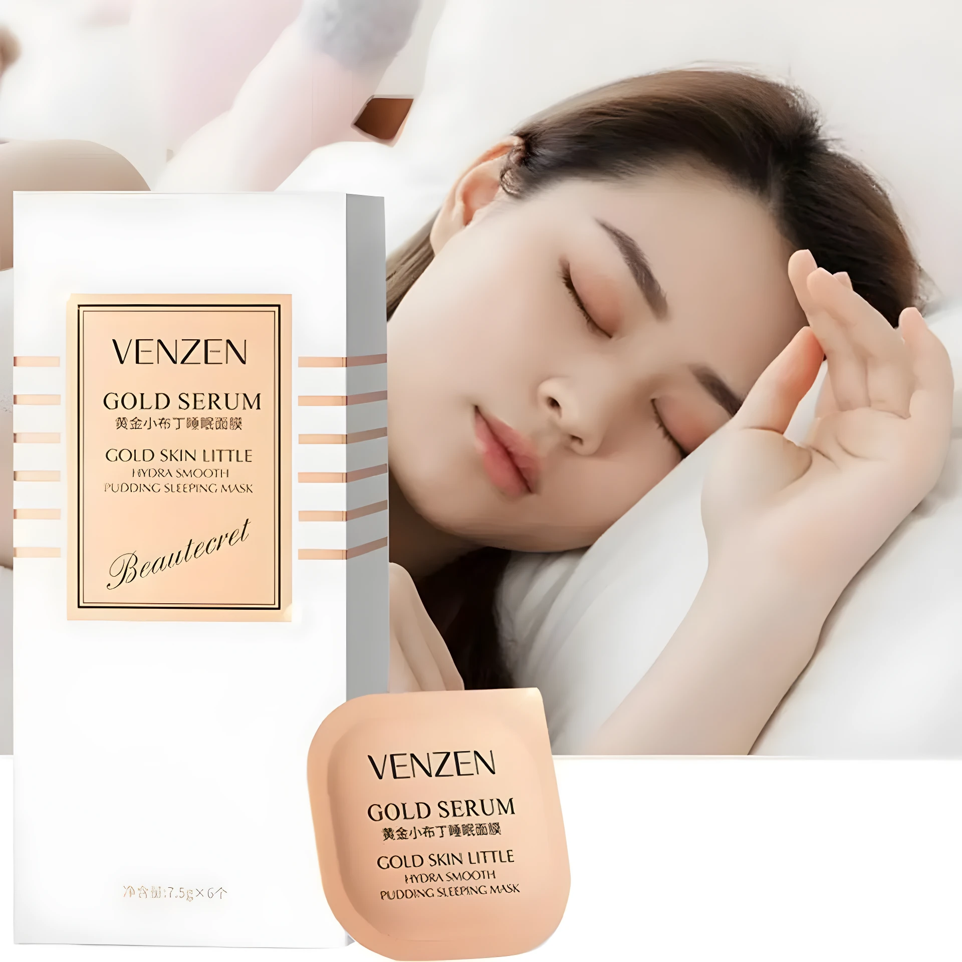 Mujer durmiendo con set de mascarillas Venzen Gold Serum en primer plano.