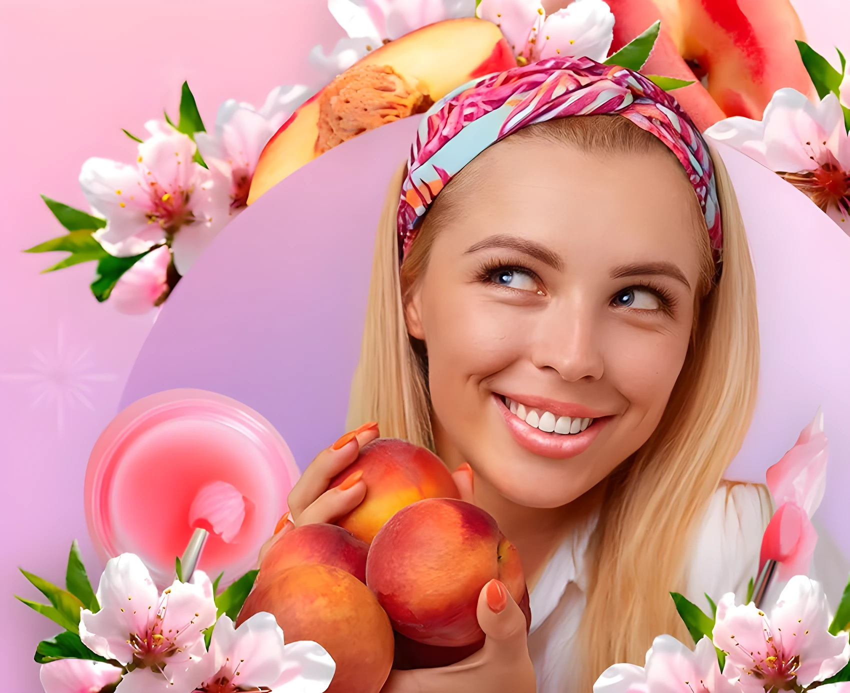 Mujer rubia sonríe, sostiene duraznos. Jarra de mascarilla labial rosa cerca. Flores de durazno.
