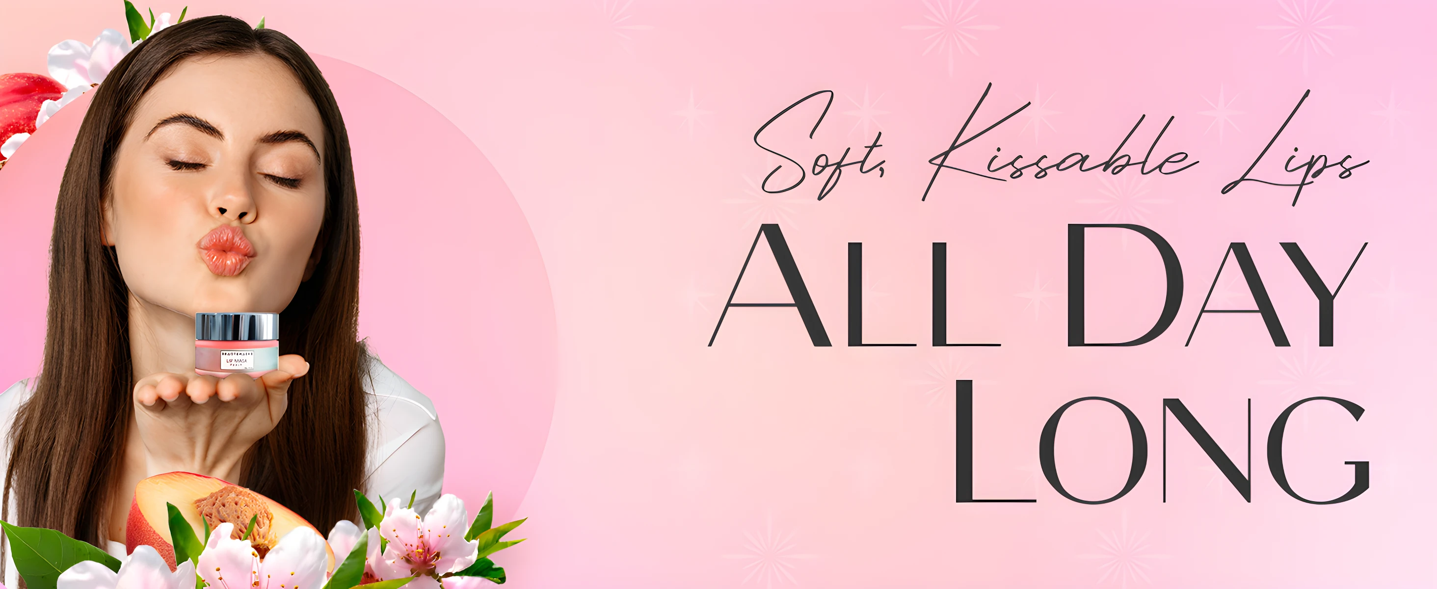 Mujer aplica mascarilla labial intensiva para labios resecos, texto "Soft, Kissable Lips ALL DAY LONG".