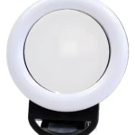 Mini aro de luz LED blanco para selfies con espejo integrado, clip negro, 3 niveles de brillo.