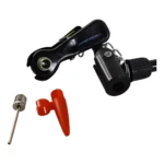 Accesorios de inflado: boquilla para llantas con clip negro, adaptador acople rápido y dos punzones, uno metálico y uno plástico naranja para balones.