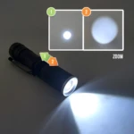 Mini linterna LED médica de aluminio con clip, ilumina espacios, zoom ajustable.