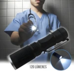 Linterna LED médica negra de aluminio con clip, ilumina examen, 120 lúmenes.