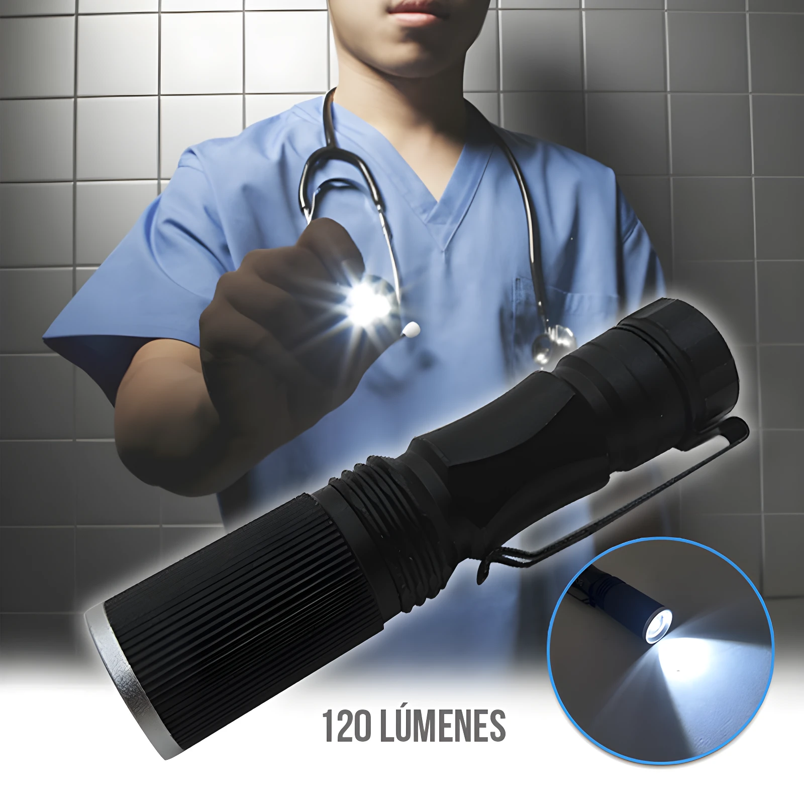 Linterna LED médica negra de aluminio con clip, ilumina examen, 120 lúmenes.