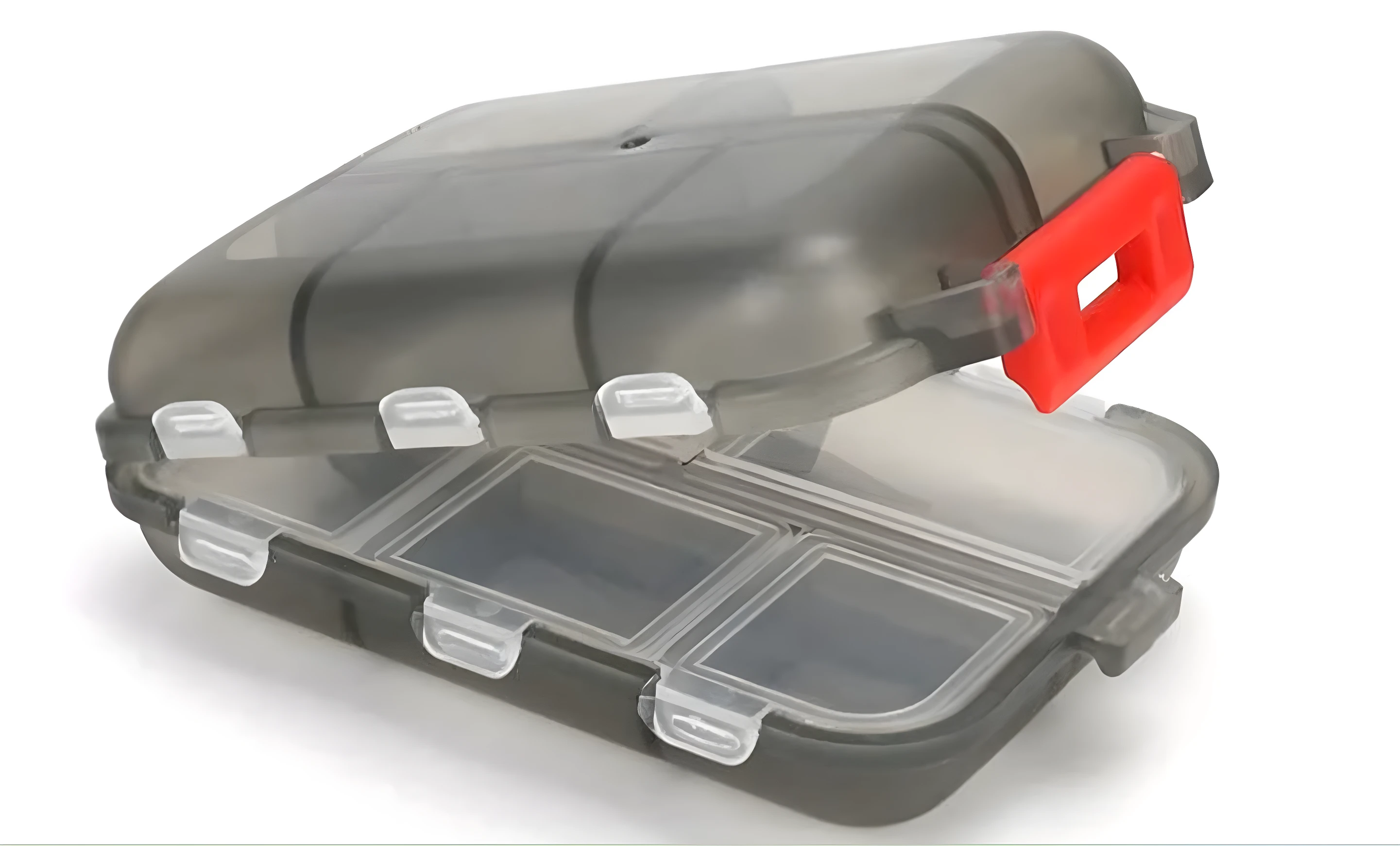 Mini pastillero transparente con compartimentos y cierre rojo.