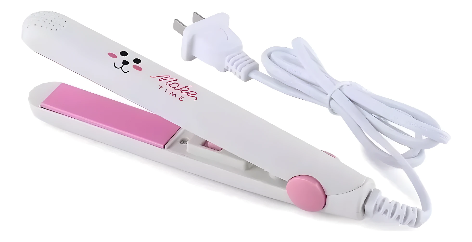Mini plancha alisadora blanca con placa rosa, detalle de oso, cable y enchufe blanco.