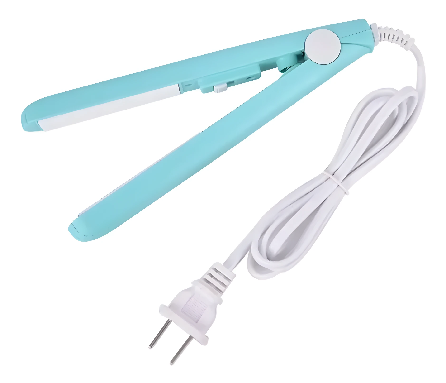 Mini plancha de cabello portátil color turquesa, ideal para alisar y retocar peinados.