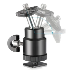 Mini rótula metálica negra con doble tornillo de 1/4", mostrando ajuste de ángulo de inclinación mediante arco azul.