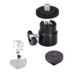 Mini rótula negra de metal con bola ajustable, tornillo 1/4", y adaptador tipo Zapata, mostrando un accesorio de cámara y GoPro.