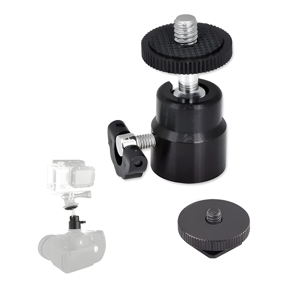 Mini rótula negra de metal con bola ajustable, tornillo 1/4", y adaptador tipo Zapata, mostrando un accesorio de cámara y GoPro.