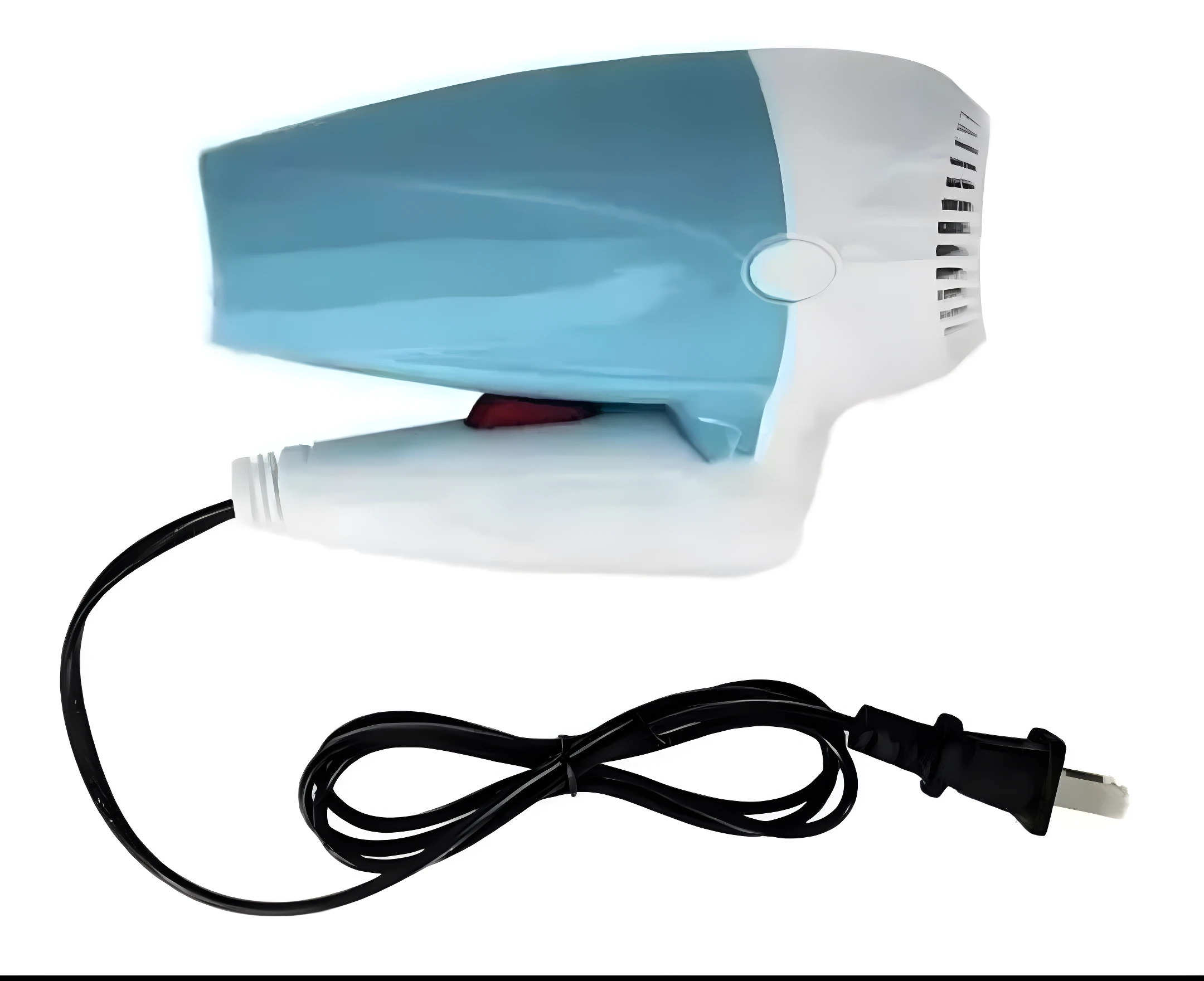 Mini secadora portátil plegable azul y blanca con cable negro.