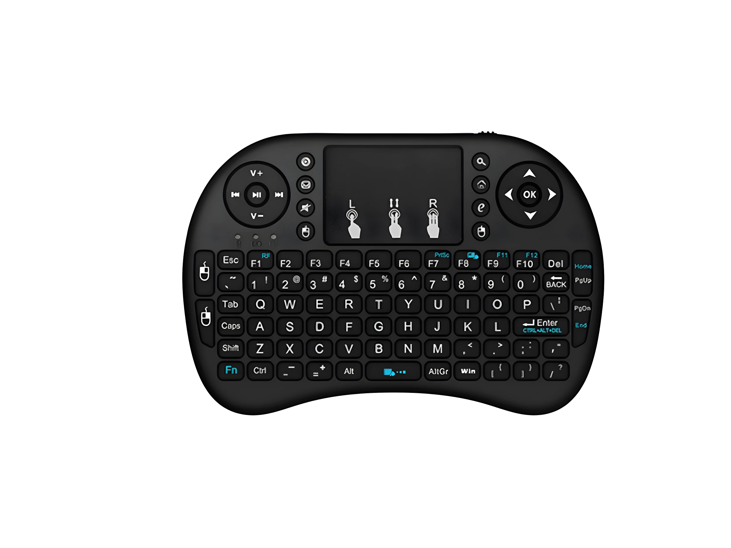 Teclado inalámbrico negro con touchpad, teclas retroiluminadas y controles de reproducción multimedia.