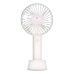 Mini ventilador portátil blanco recargable USB con base, ideal para escritorio o viaje.