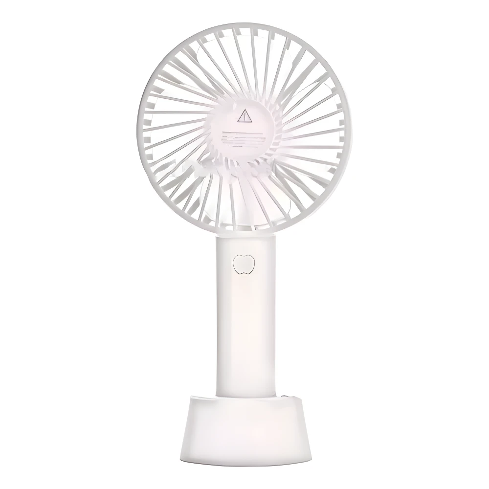 Mini ventilador portátil blanco recargable USB con base, ideal para escritorio o viaje.