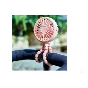 Mini ventilador rosa con trípode flexible, sujeto a manillar de bicicleta o cochecito.