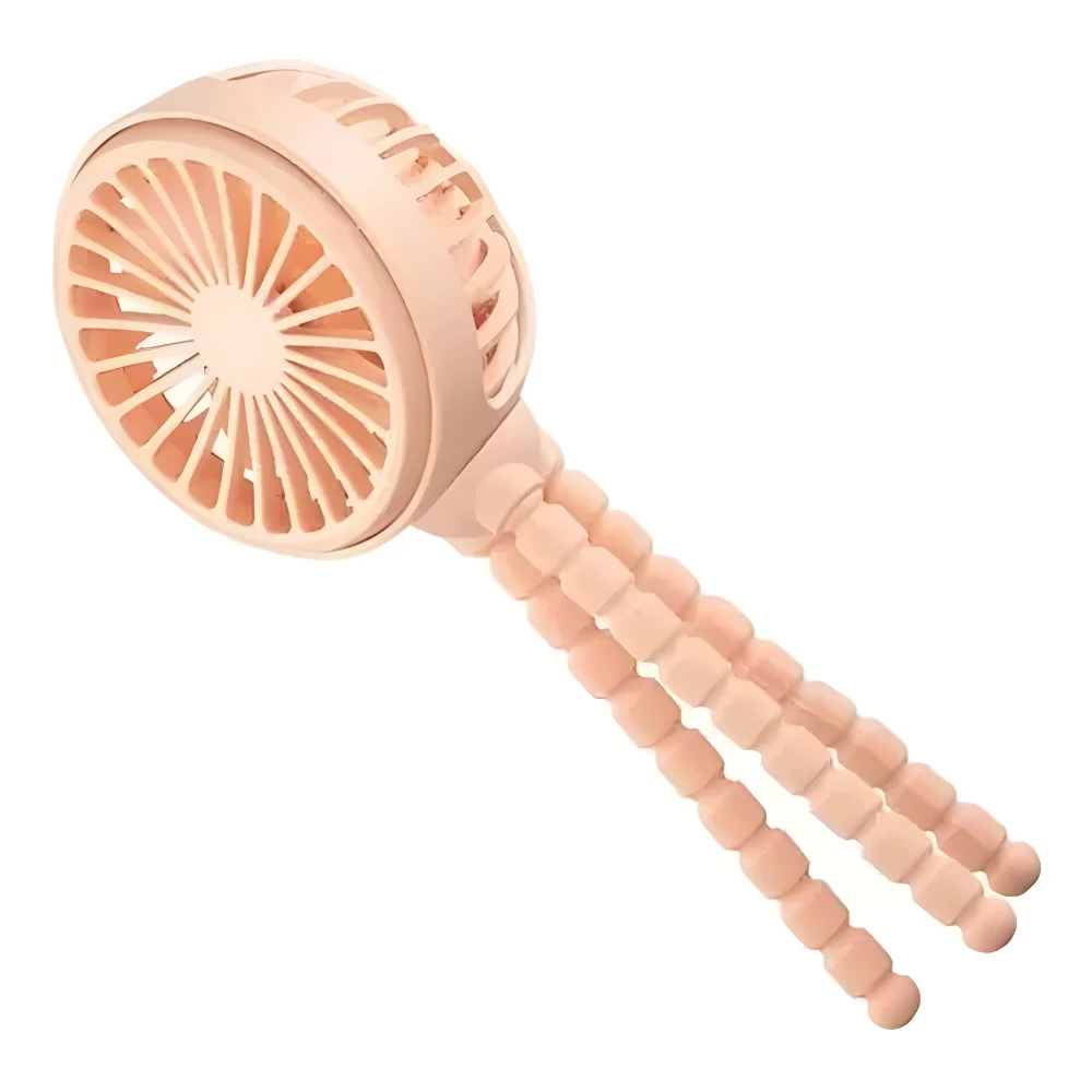 Mini ventilador USB rosa con soporte trípode flexible, ideal para escritorio o paseo.